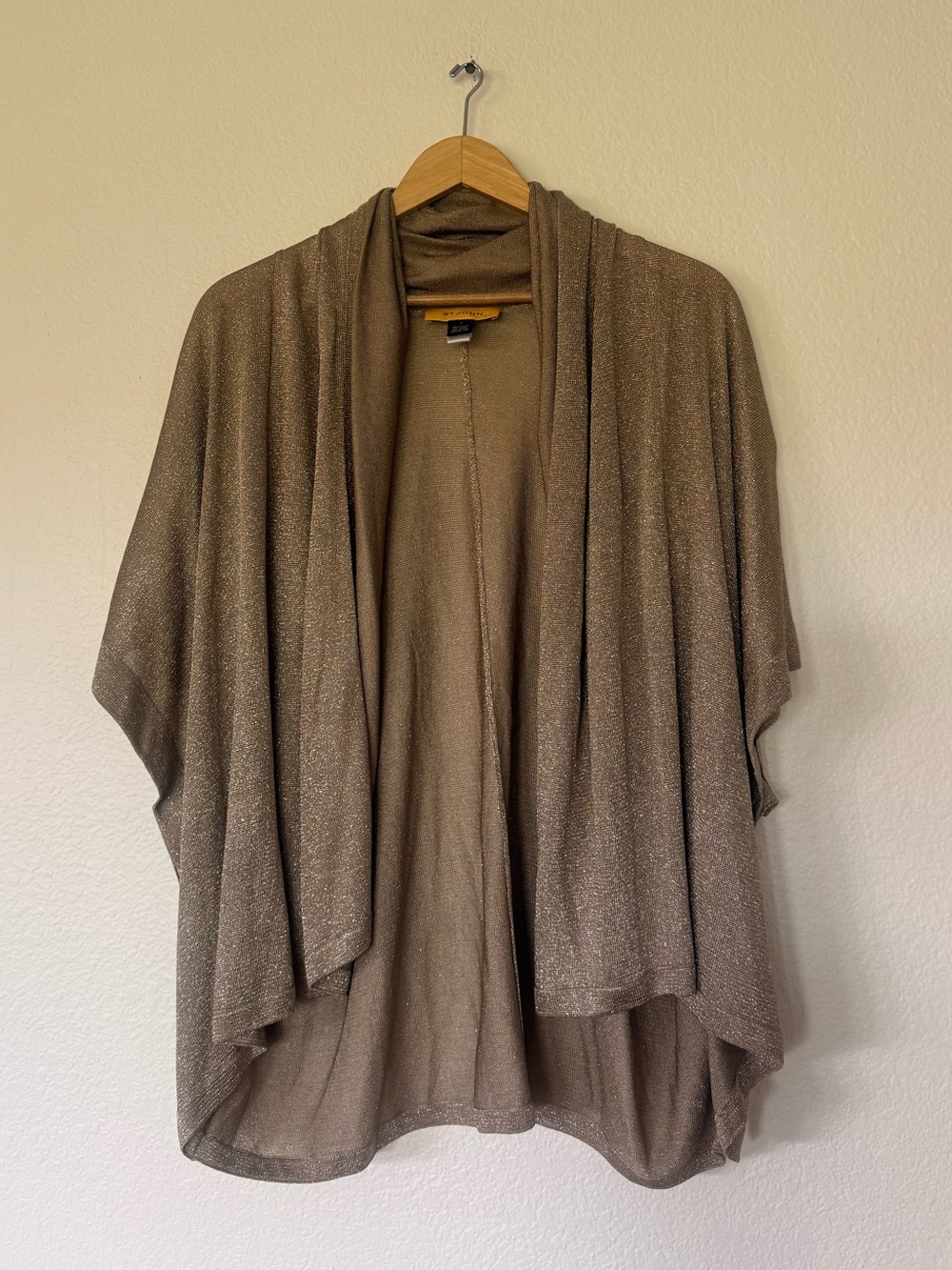 ST JOHN Shimmery Open Front Draped Cardigan - Taupe Metallic